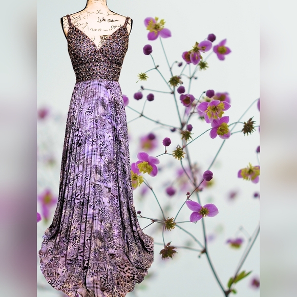 Tony Bowls La Gala Purple Leopard Pleated Maxi Gown - Picture 3 of 14